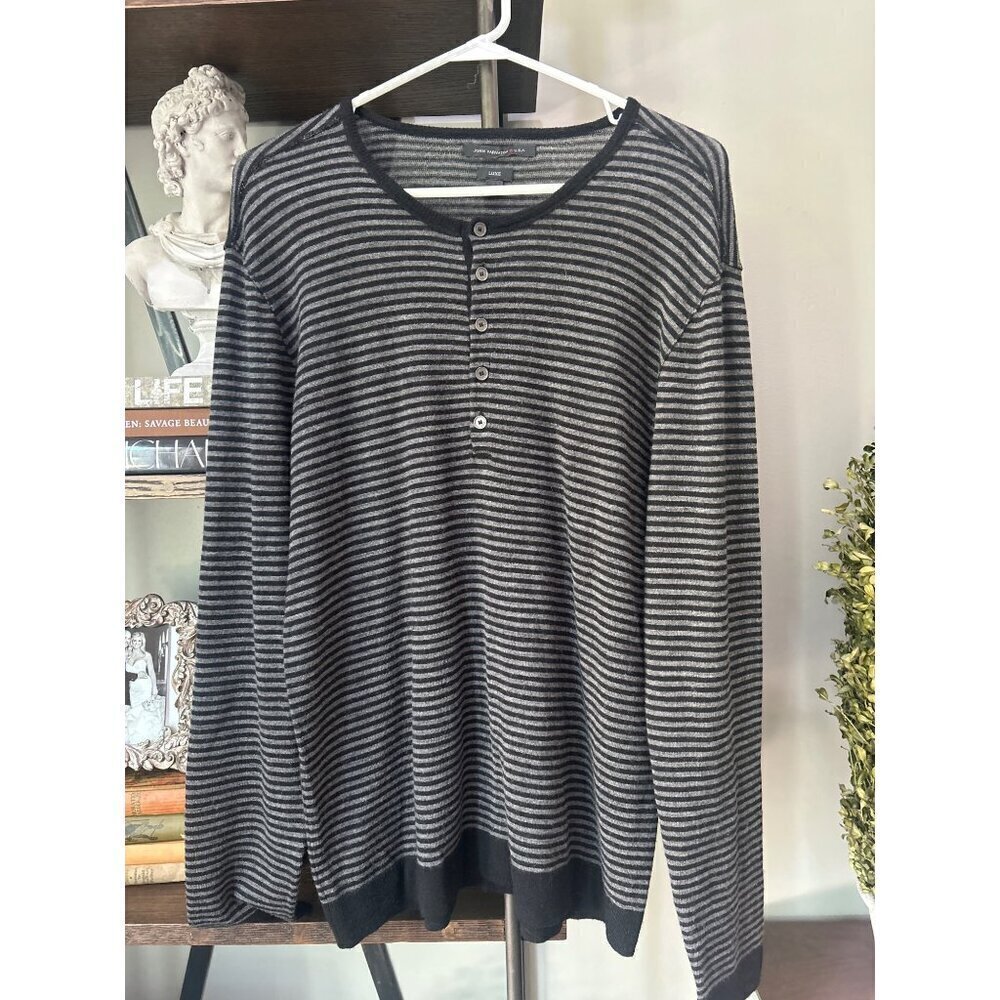 John Varvatos Merino Wool Striped Long sleeve Sweater Grey Black Mens Size Large